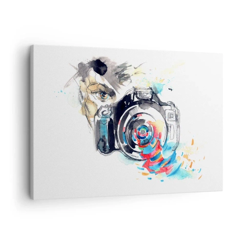 Lærredstryk - Billede på lærred - Akvarelkamera med farverige detaljer - 70x50cm - I linsens øje - Moderne vægdekoration til stue og soveværelse ARTTOR