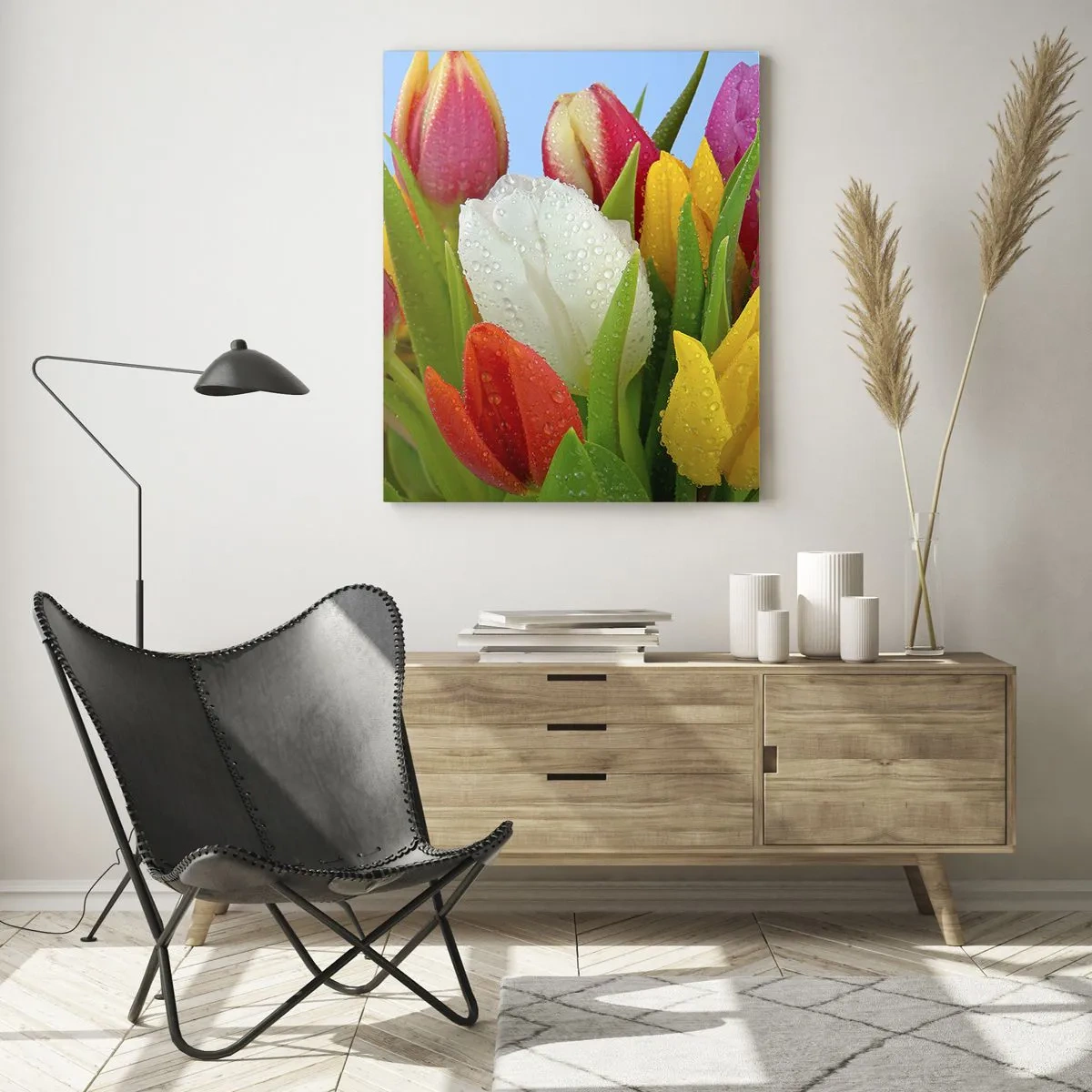 Billede på glas - En blomstret regnbue i dugdråber - 50x70 cm