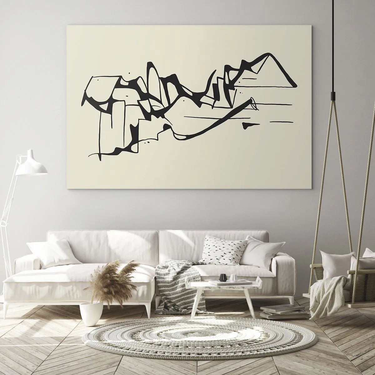 Billede på glas - Abstrakt sort og hvid linje, der danner omridset af et landskab - 70x50cm - Måske et landskab - Moderne vægdekoration til stue og soveværelse ARTTOR