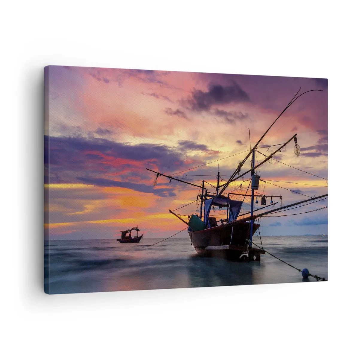 Lærredstryk - Billede på lærred - En fiskerbåd mod en farverig solnedgangs baggrund - 70x50cm - En eksotisk aften - Moderne vægdekoration til stue og soveværelse ARTTOR