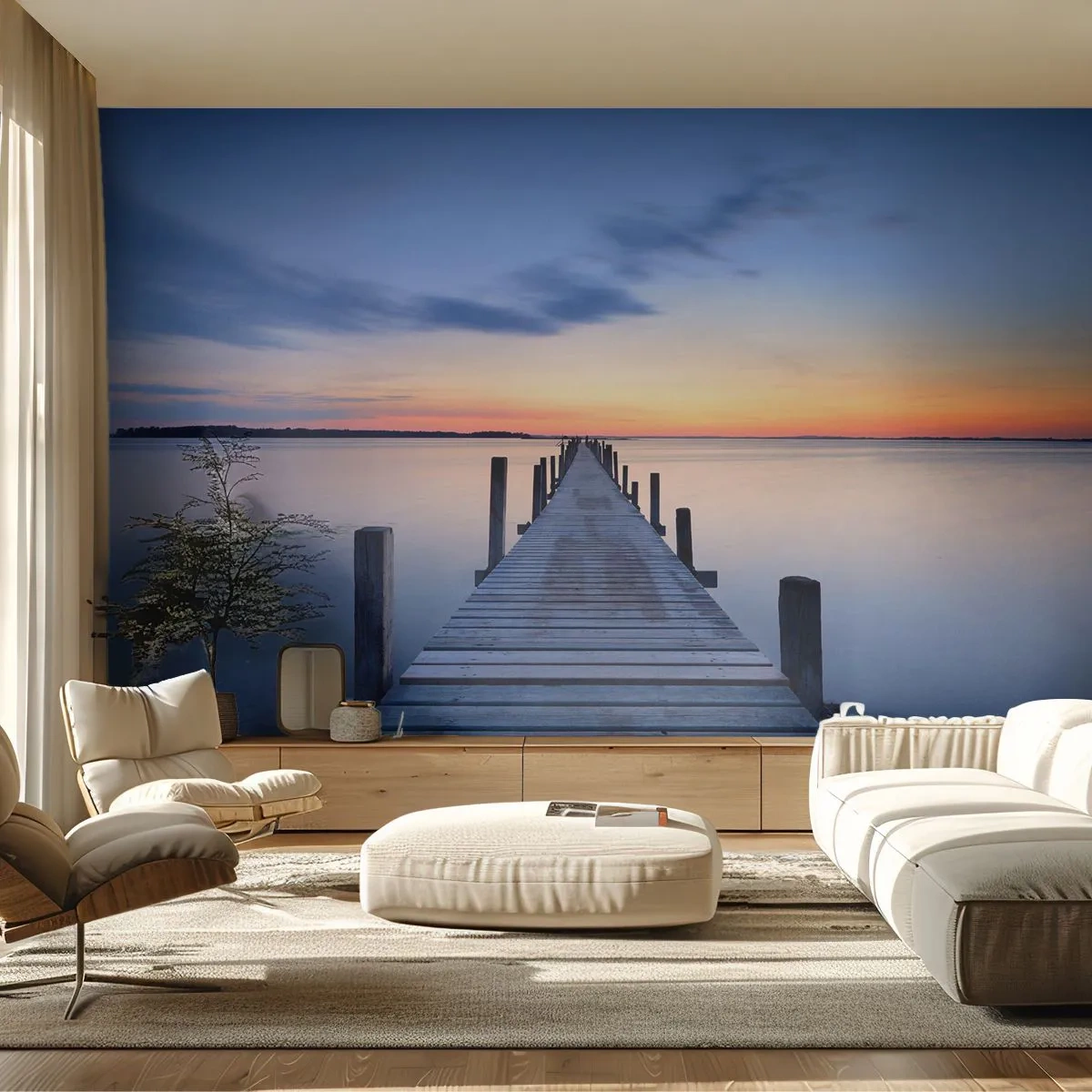 Fototapet Premium Sand - Den rolige skumringstid - Landskab, Bugt, træbro - 100x70 cm