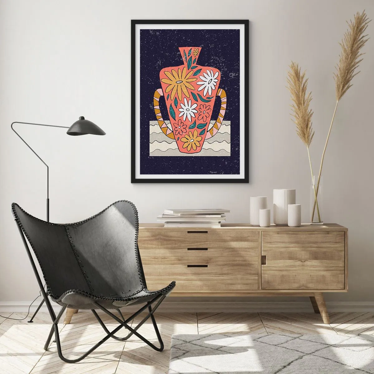 Plakat i sort ramme - En farverig vase med et blomstermønster på en mørk baggrund - 50x70cm - Malet kande - Moderne vægdekoration til stue og soveværelse ARTTOR