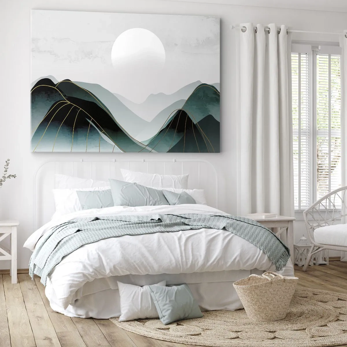 Lærredstryk - Billede på lærred - Abstrakt bjerglandskab med månen og gyldne linjer - 70x50cm - I fuld majestæt - Moderne vægdekoration til stue og soveværelse ARTTOR