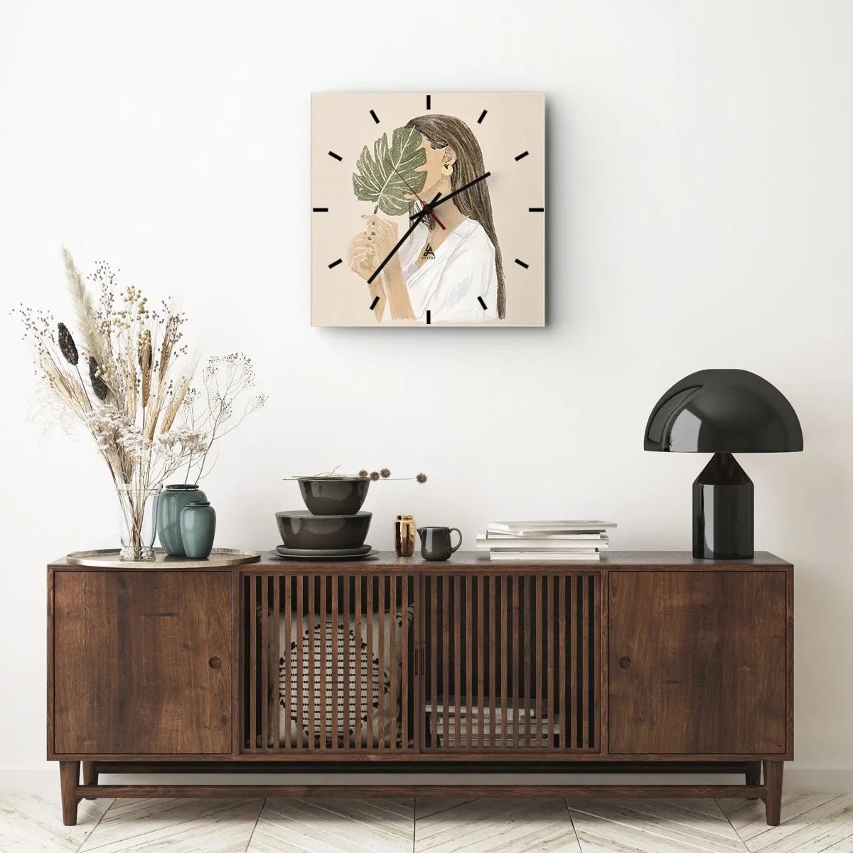 Vægur, Uret - Mystisk portræt med en vifte - 40x40 cm