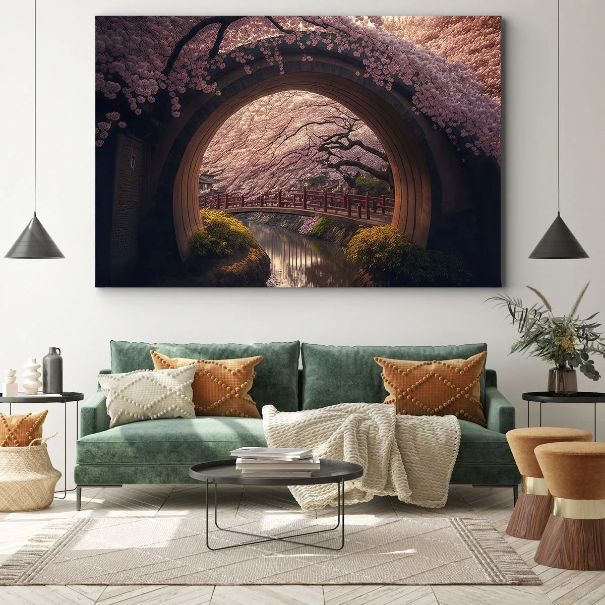 Lærredstryk - Billede på lærred - En traditionel japansk bro omgivet af kirsebærblomster - 70x50cm - Japansk forår - Moderne vægdekoration til stue og soveværelse ARTTOR