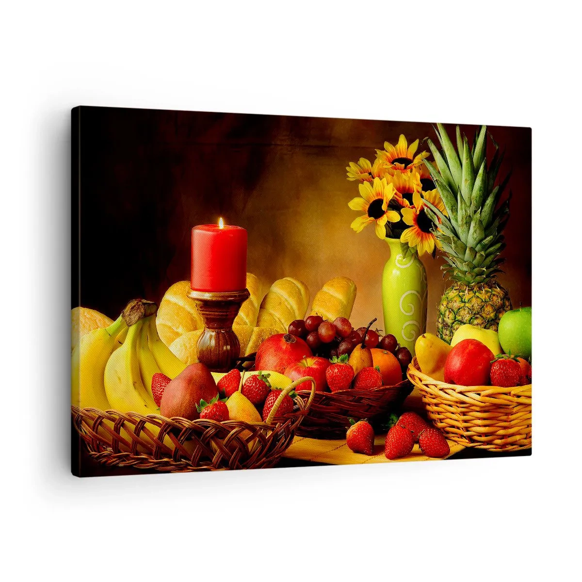 Lærredstryk - Billede på lærred - Stilleben med frugt, brød, stearinlys og blomster - 70x50cm - Stilleben med brød og frugt - Moderne vægdekoration til stue og soveværelse ARTTOR
