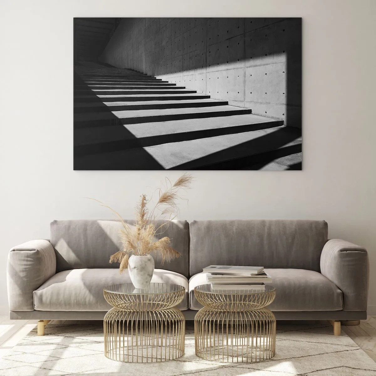 Billede på glas - Betontrapper i skarpt lys og skygge i moderne stil - 70x50cm - Modernismens rå skønhed - Moderne vægdekoration til stue og soveværelse ARTTOR