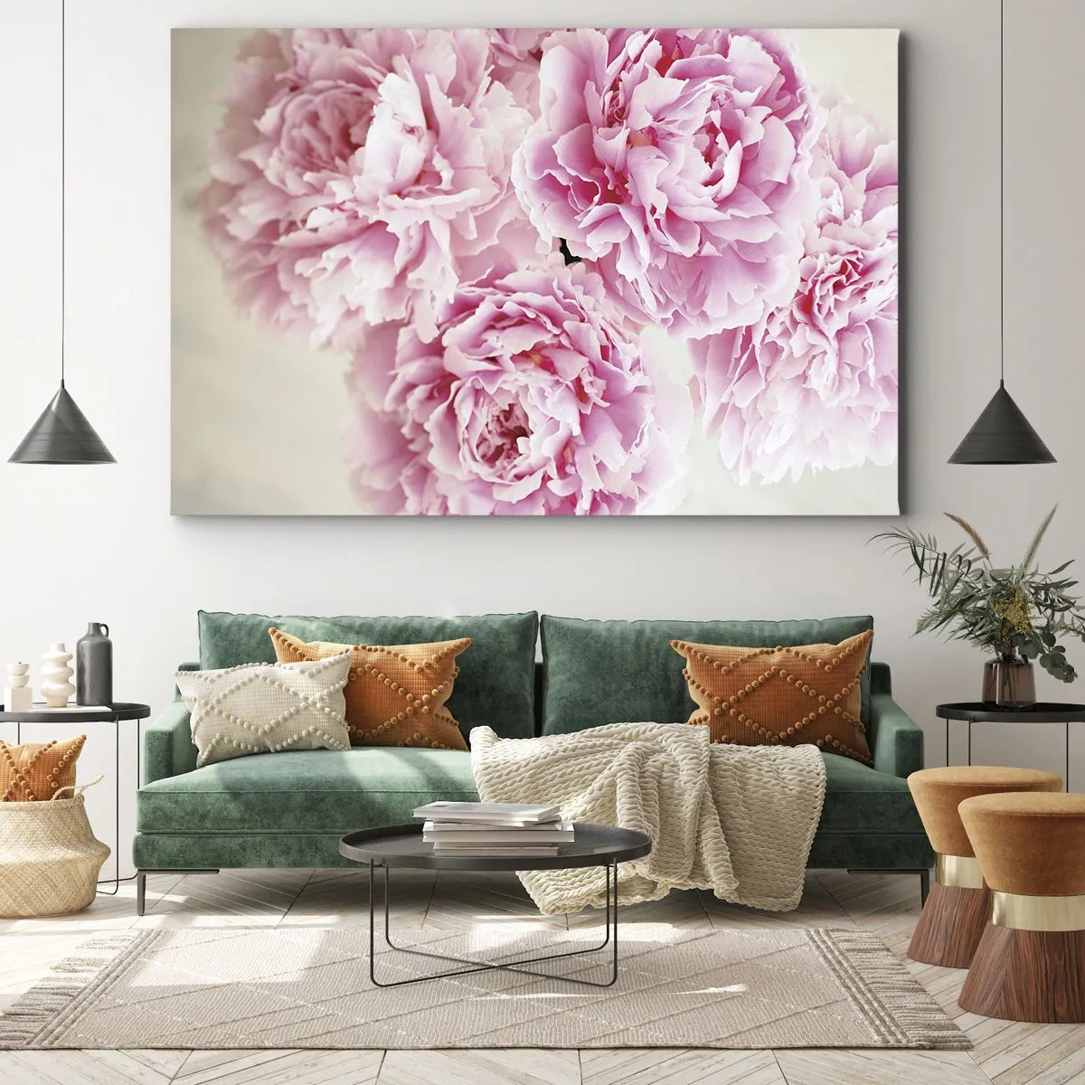 Lærredstryk - Billede på lærred - En buket lyserøde pæoner på en lys baggrund - 70x50cm - I lyserød glamour - Moderne vægdekoration til stue og soveværelse ARTTOR