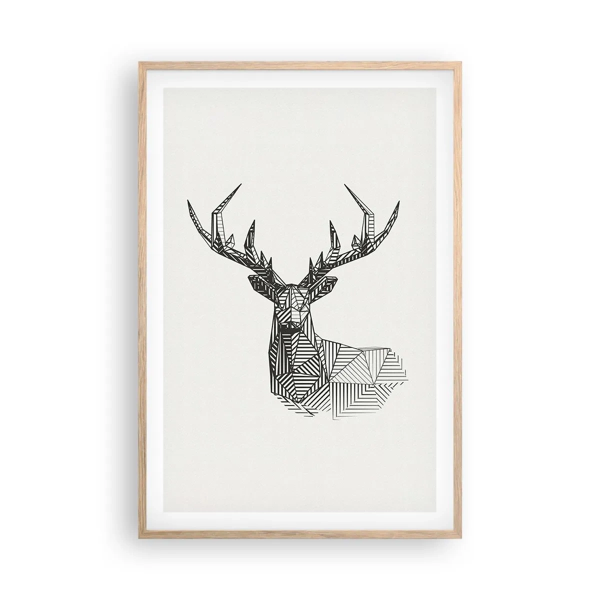 Plakat i ramme af lyst egetræ - Hjorte i kubistisk stil - 61x91 cm