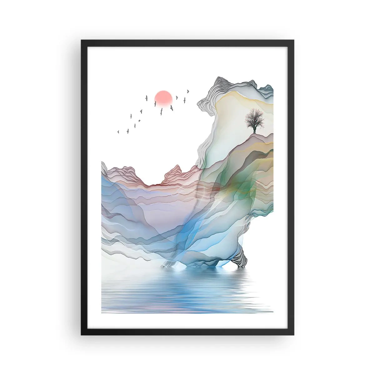 Plakat i sort ramme - Farverige, lagdelte bjerge over en rolig sø med et træ - 50x70cm - Mod krystalbjergene - Moderne vægdekoration til stue og soveværelse ARTTOR