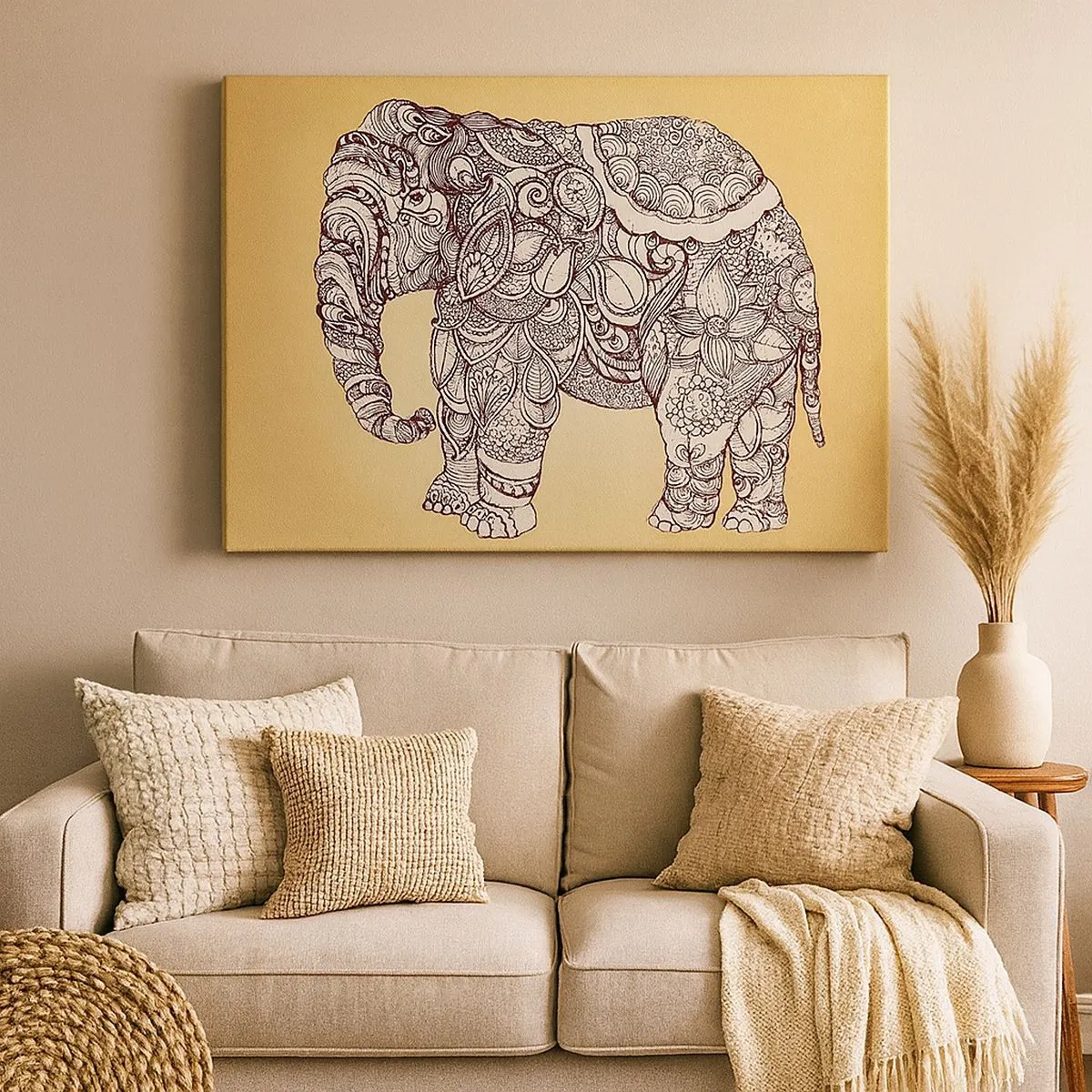 Lærredstryk - Billede på lærred - Håndtegnet elefant med et udsmykket mønster på en beige baggrund - 70x50cm - Elefanten er blevet blind - Moderne vægdekoration til stue og soveværelse ARTTOR