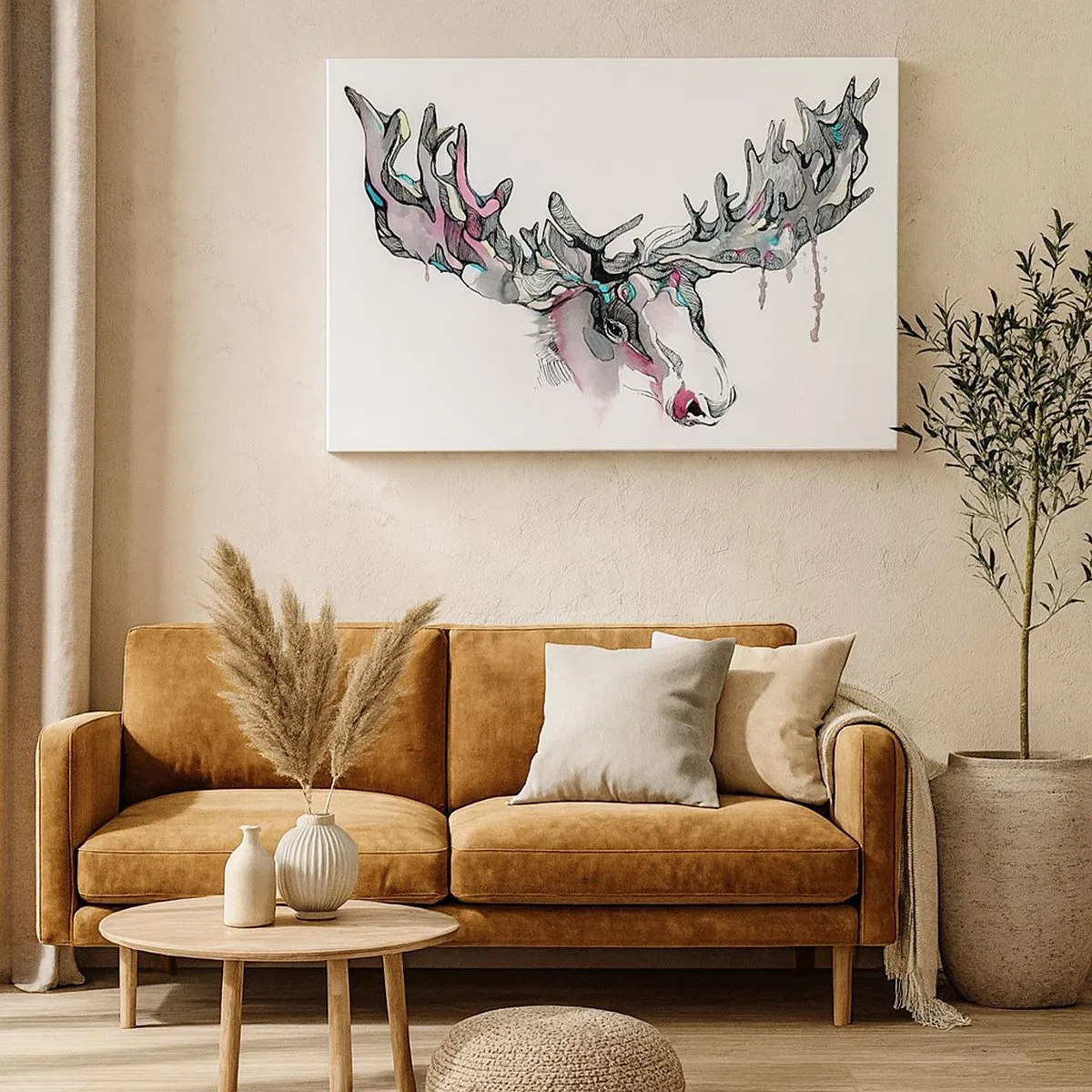 Lærredstryk - Billede på lærred - Kunstnerisk akvarel af en elg med rige gevirer - 70x50cm - Kronen på skovens konge - Moderne vægdekoration til stue og soveværelse ARTTOR