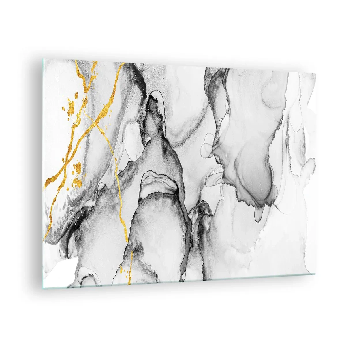 Billede på glas - Abstrakt sort-hvid komposition med en guld accent - 70x50cm - Sammensætning med guldmotiv - Moderne vægdekoration til stue og soveværelse ARTTOR