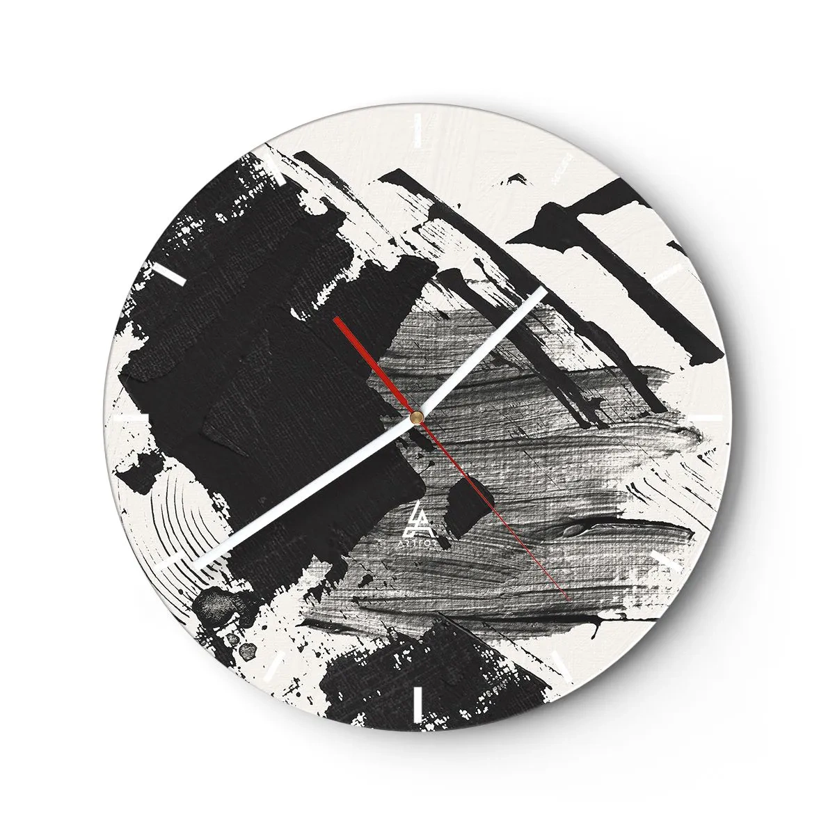 Vægur, Uret - Dynamisk sort-hvid abstraktion med brede penselstrøg - 30x30cm - Abstraktion - det sortes udtryk - Moderne vægdekoration til stue, køkken og soveværelse ARTTOR