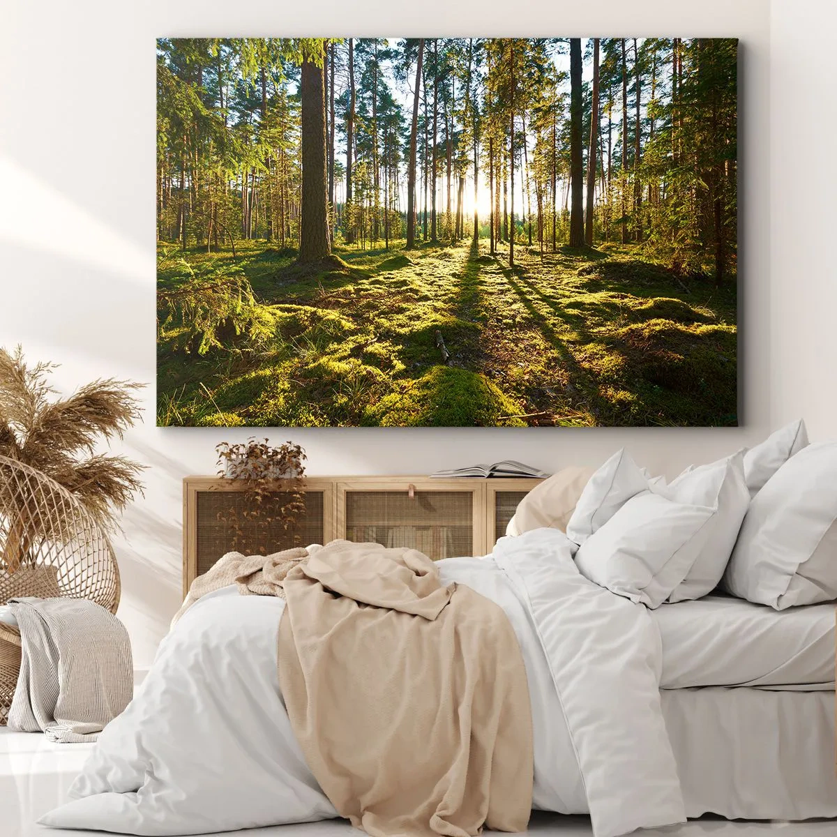 Lærredstryk - Billede på lærred - Grøn skov oplyst af sollys på mos - 70x50cm - ...Bag de syv skove - Moderne vægdekoration til stue og soveværelse ARTTOR