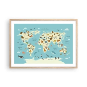 Plakat i ramme af lyst egetræ - Gode naboer - 70x50 cm