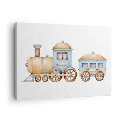 Lærredstryk - Billede på lærred - Tegning af et tog i pastelfarver på en hvid baggrund - 70x50cm - Stående på stationen... - Moderne vægdekoration til stue og soveværelse ARTTOR
