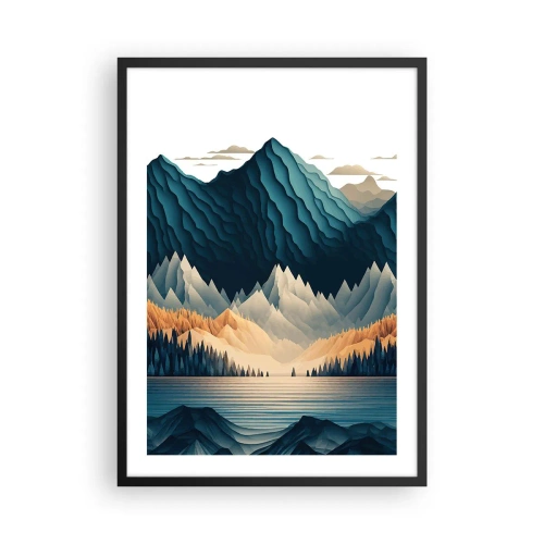 Plakat i sort ramme - Stiliseret bjerglandskab med en sø i blå nuancer - 50x70cm - Perfekt bjerglandskab - Moderne vægdekoration til stue og soveværelse ARTTOR