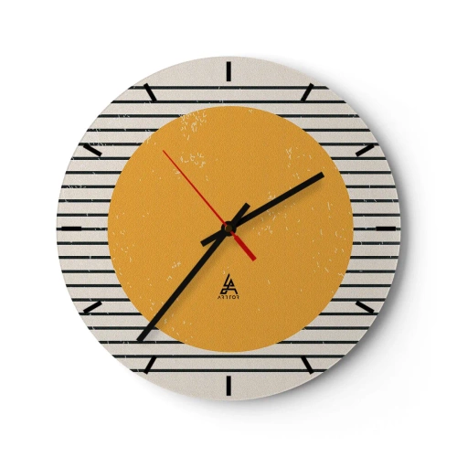 Vægur, Uret - En orange cirkel på en baggrund af sorte og hvide striber - 30x30cm - Enkelthedens kraft - Moderne vægdekoration til stue, køkken og soveværelse ARTTOR
