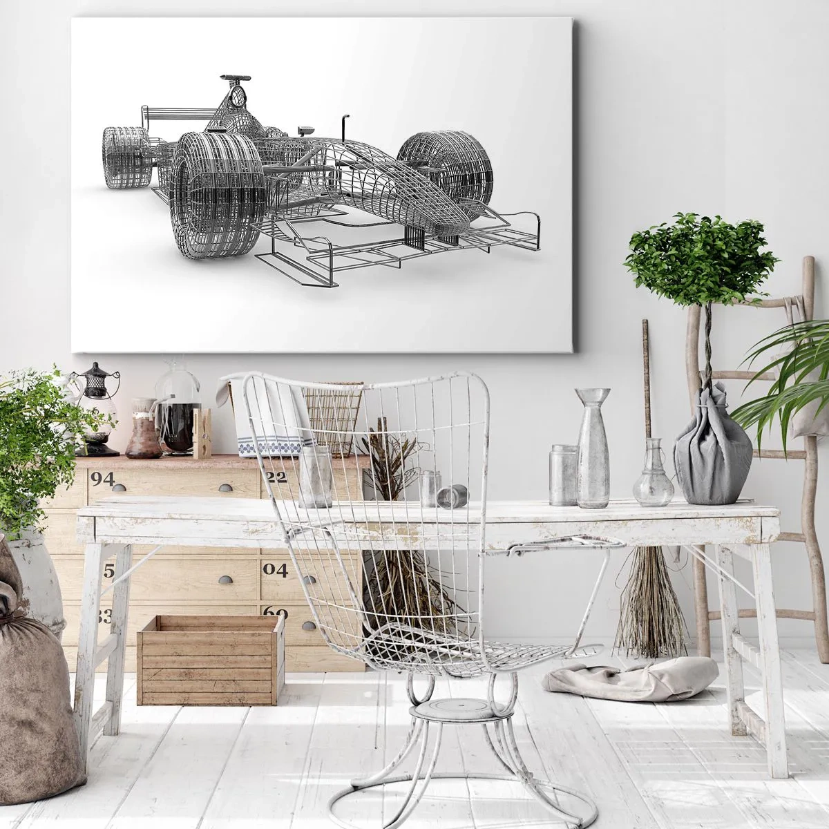 Lærredstryk - Billede på lærred - En designskitse af en racerbil på en lys baggrund - 70x50cm - Ideelt design - idéen om dynamik - Moderne vægdekoration til stue og soveværelse ARTTOR