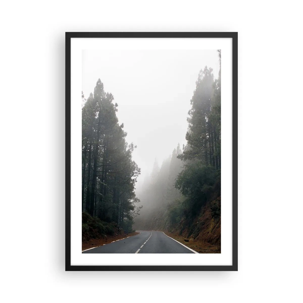 Plakat i sort ramme - En snoet vej blandt træer indhyllet i tåge - 50x70cm - En fortælling om en magisk skov - Moderne vægdekoration til stue og soveværelse ARTTOR