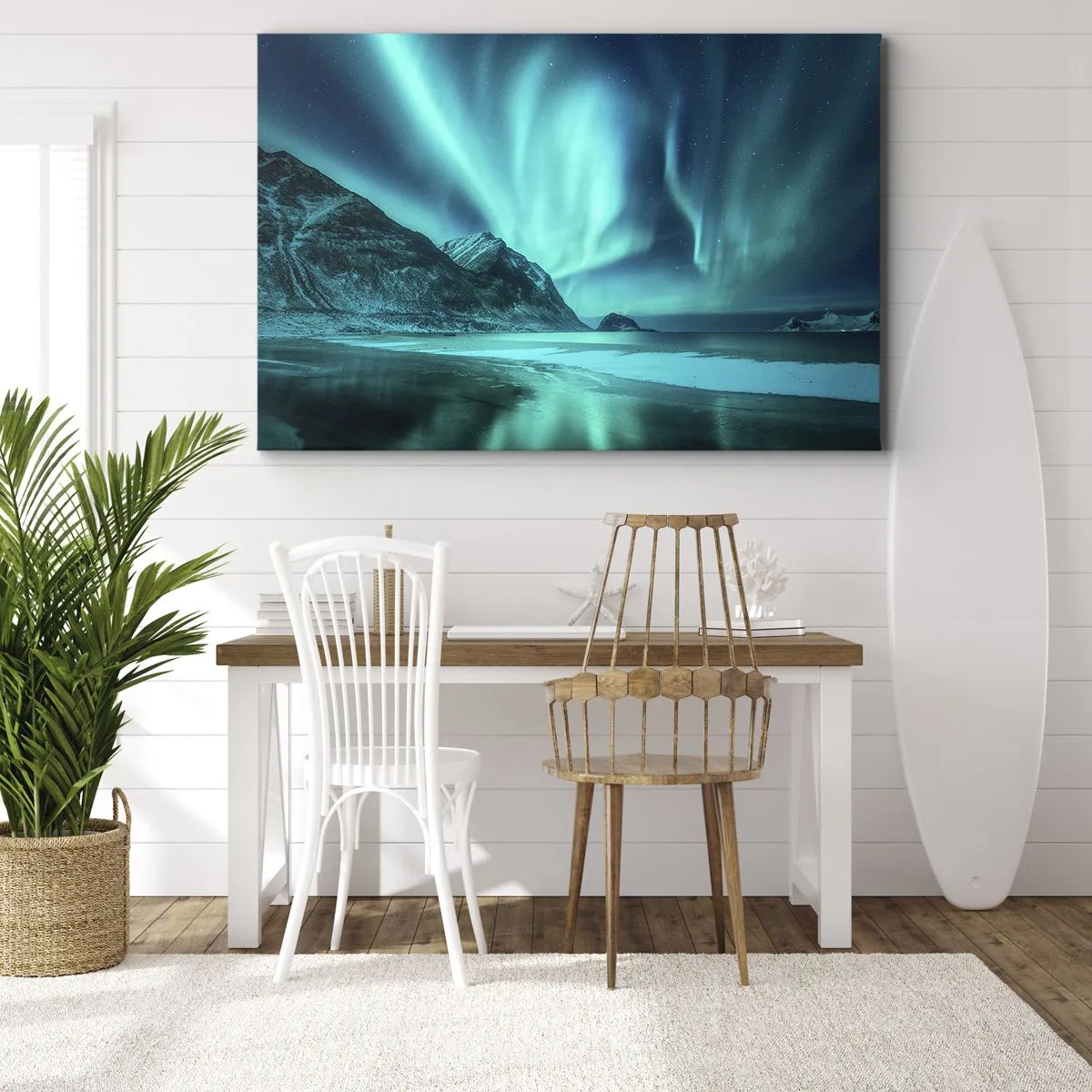 Lærredstryk - Billede på lærred - Aurora Borealis over et bjergrigt vinterlandskab - 70x50cm - Nordens vidundere - Moderne vægdekoration til stue og soveværelse ARTTOR