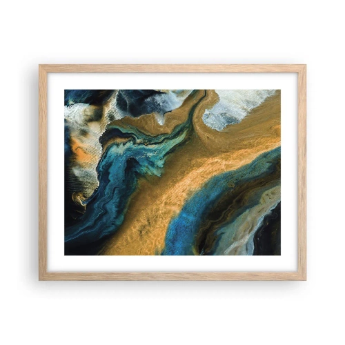 Plakat i ramme af lyst egetræ - Blå - gul - gensidig indflydelse - 50x40 cm