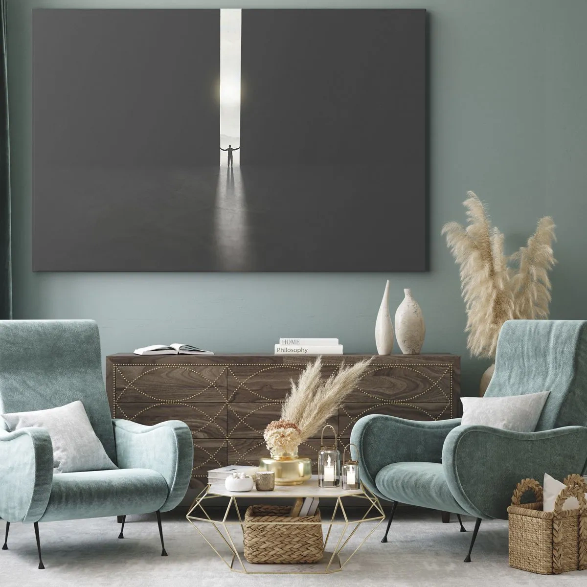 Lærredstryk - Billede på lærred - En mand stående i lyset af en smal sprække i et mørkt rum - 70x50cm - Et skridt mod en lys fremtid - Moderne vægdekoration til stue og soveværelse ARTTOR