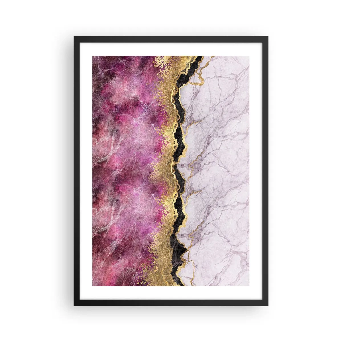Plakat i sort ramme - Abstraktion med marmormønster og gulddetaljer - 50x70cm - På grænsen - Moderne vægdekoration til stue og soveværelse ARTTOR