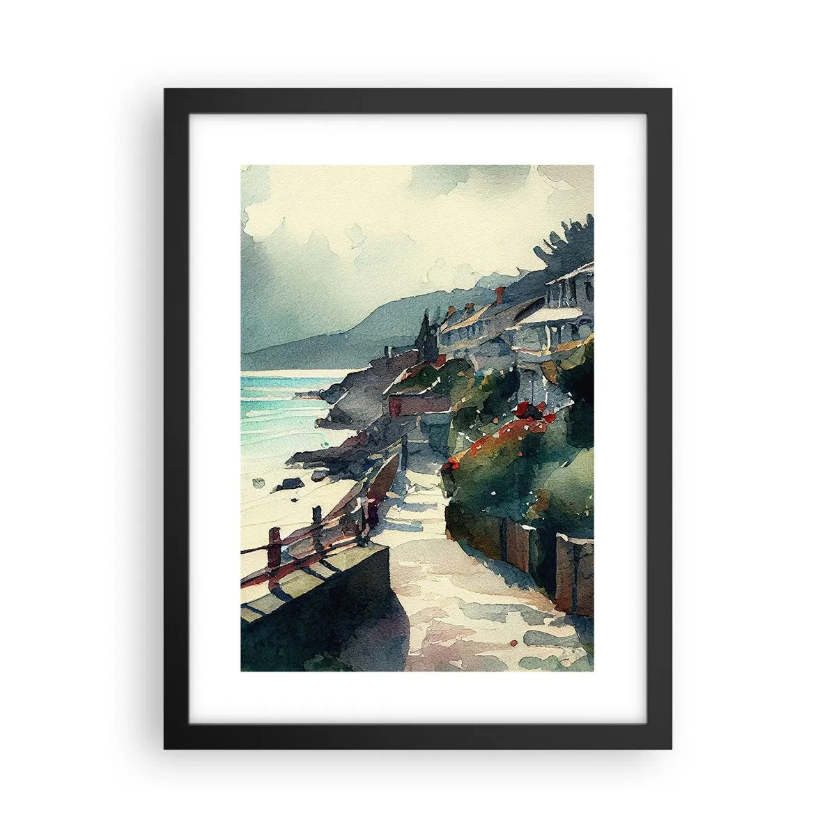 Plakat i sort ramme - Middelhavsby - 30x40 cm