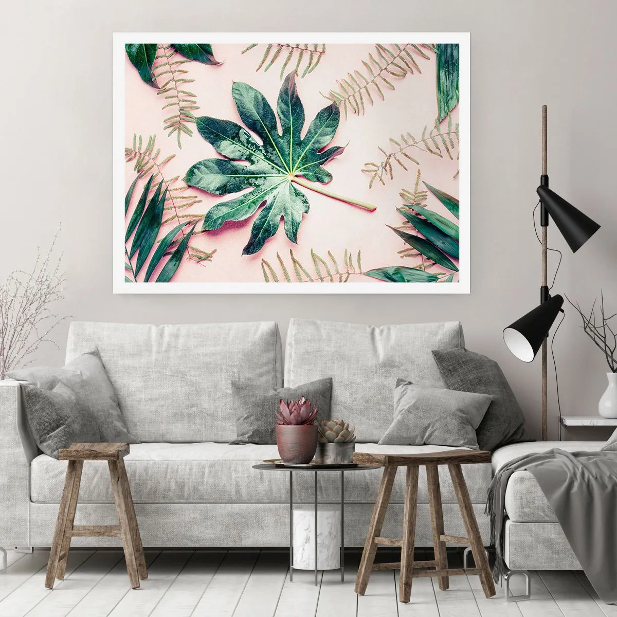 Plakat - En undersøgelse af grønt på en lyserød baggrund - 100x70 cm