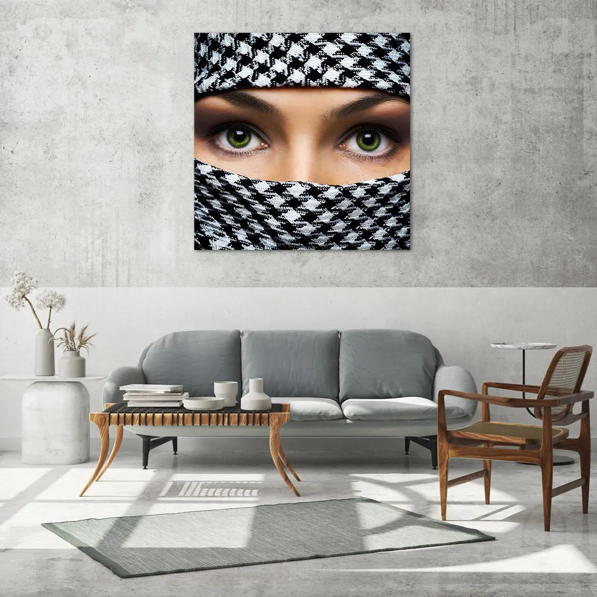 Billede på glas - Et portræt af en sur grønøjede skønhed med grønne øjne - 60x60 cm