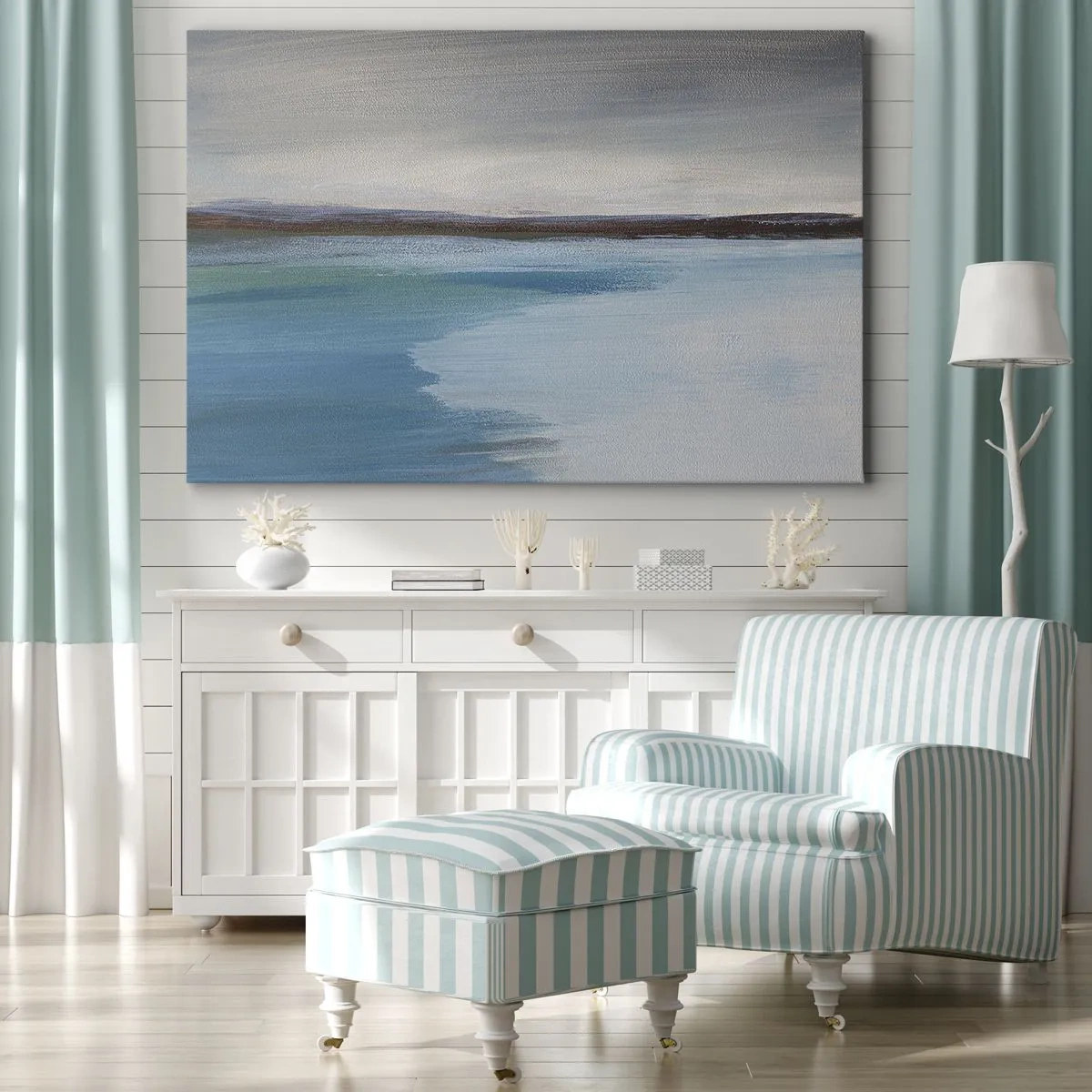 Lærredstryk - Billede på lærred - Et minimalistisk landskab med vandlinje og horisont - 70x50cm - Horisontalt landskab - Moderne vægdekoration til stue og soveværelse ARTTOR