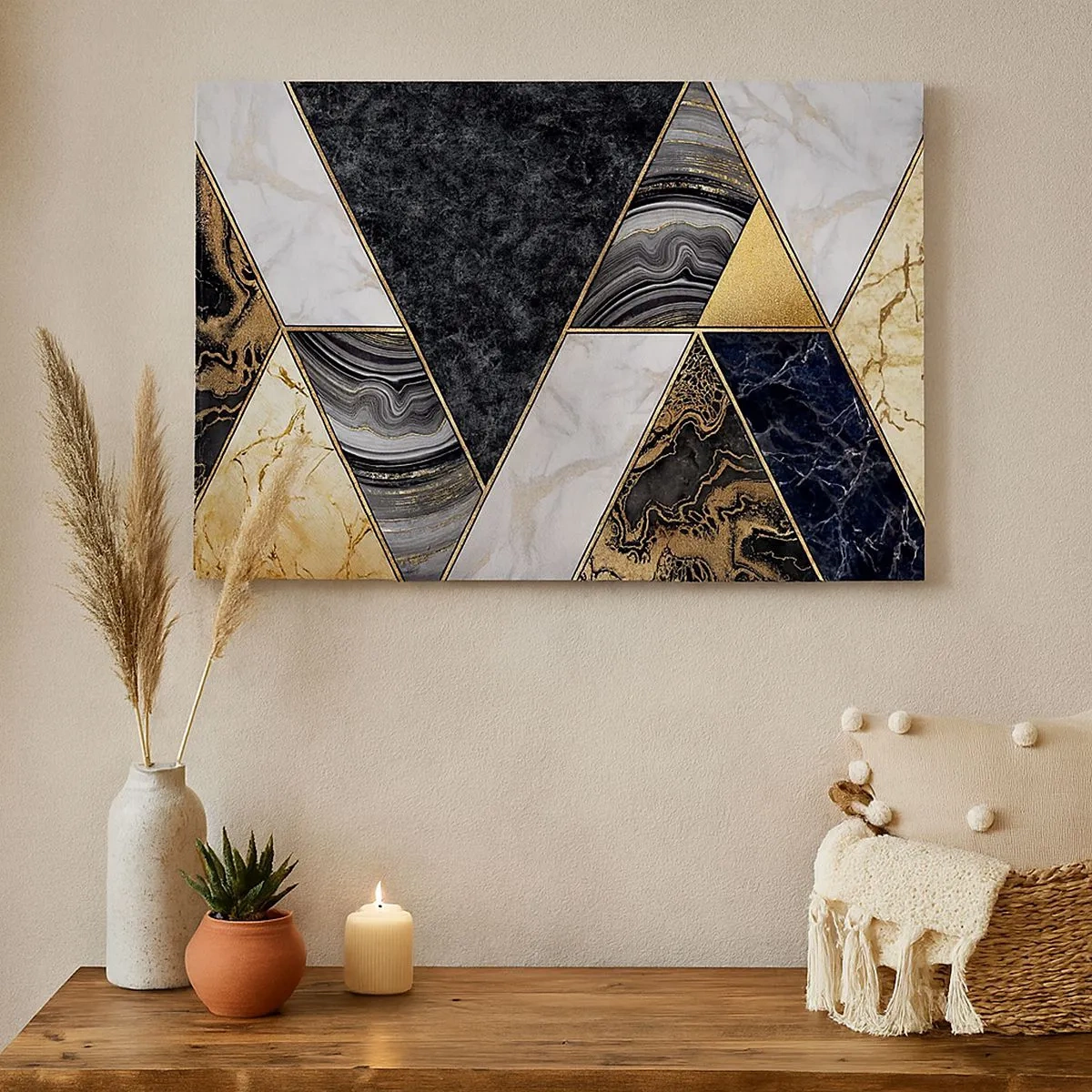 Lærredstryk - Billede på lærred - Geometriske trekanter i guld, marmor og mørke nuancer - 70x50cm - Sten for sten - Moderne vægdekoration til stue og soveværelse ARTTOR