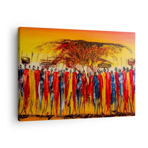 Lærredstryk - Billede på lærred - En farverig scene med afrikanske figurer mod en baggrund af den nedgående sol. - 70x50cm - Der, der, der, der går de - Moderne vægdekoration til stue og soveværelse ARTTOR