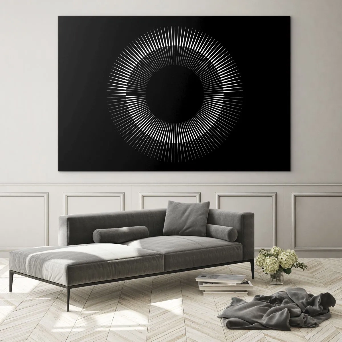 Billede på glas - Hvide stråler danner en cirkel på en sort baggrund - 70x50cm - Sort sol - Moderne vægdekoration til stue og soveværelse ARTTOR