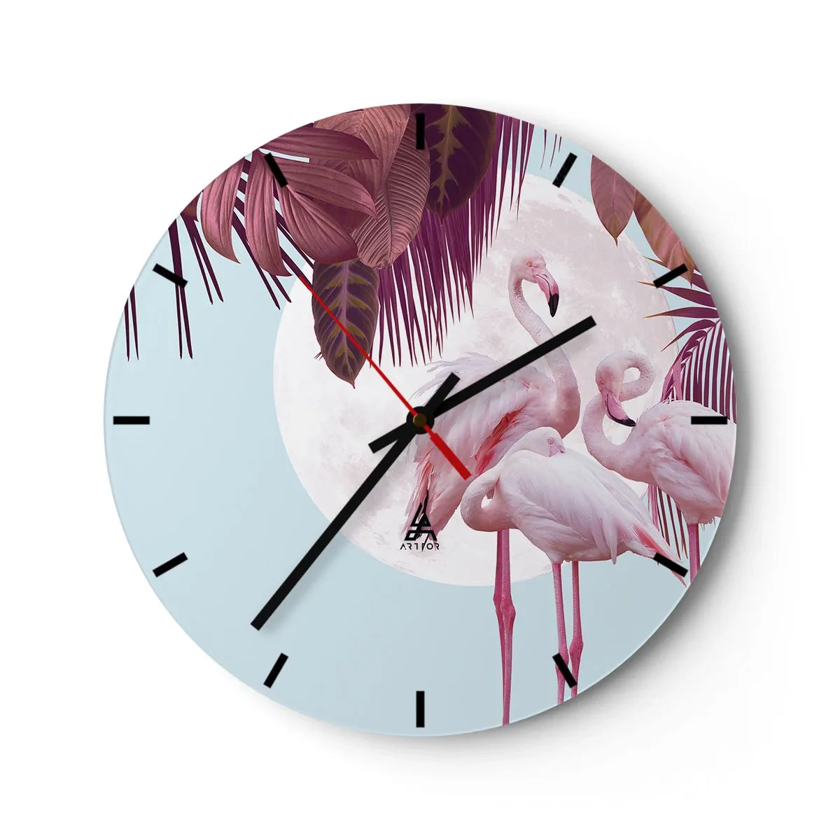 Vægur, Uret - Flamingoer mod månen og tropiske blade som baggrund - 30x30cm - Tre fugles ynde - Moderne vægdekoration til stue, køkken og soveværelse ARTTOR
