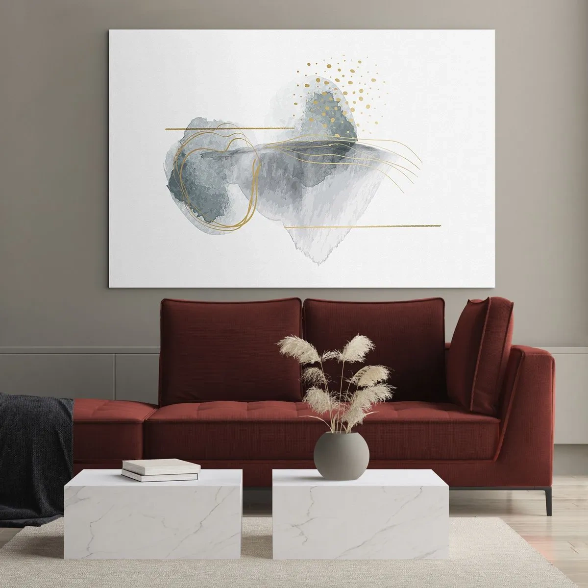 Billede på glas - En abstrakt komposition af grå med guld accenter - 70x50cm - Om forholdet mellem grå og guld - Moderne vægdekoration til stue og soveværelse ARTTOR