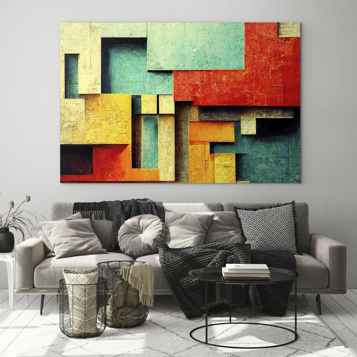 Billede på glas - Farverig geometrisk abstraktion lavet af rektangler - 70x50cm - Festival for rette vinkler - Moderne vægdekoration til stue og soveværelse ARTTOR