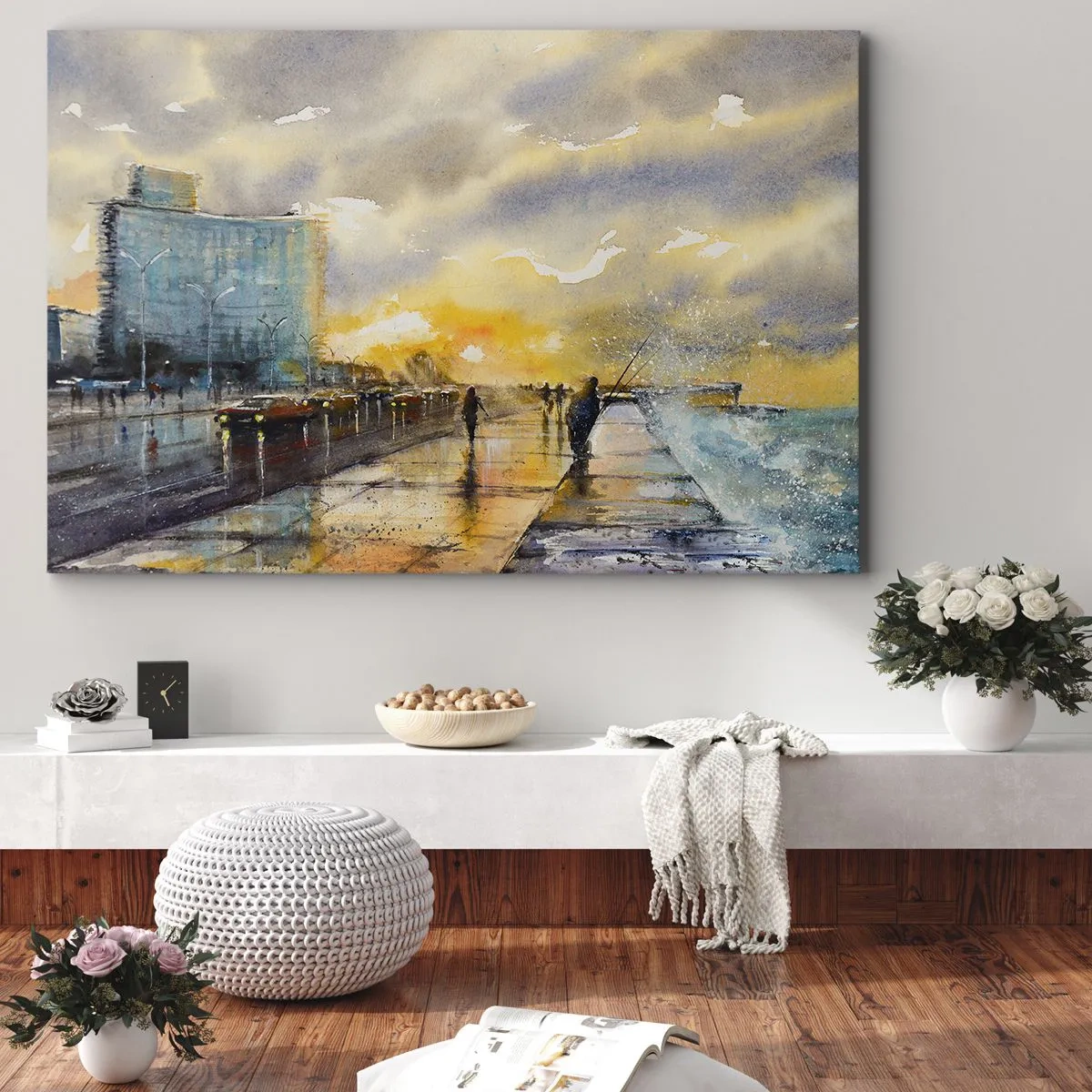 Lærredstryk - Billede på lærred - En malerisk udsigt over strandpromenaden ved solnedgang - 70x50cm - Livet på kysten - Moderne vægdekoration til stue og soveværelse ARTTOR