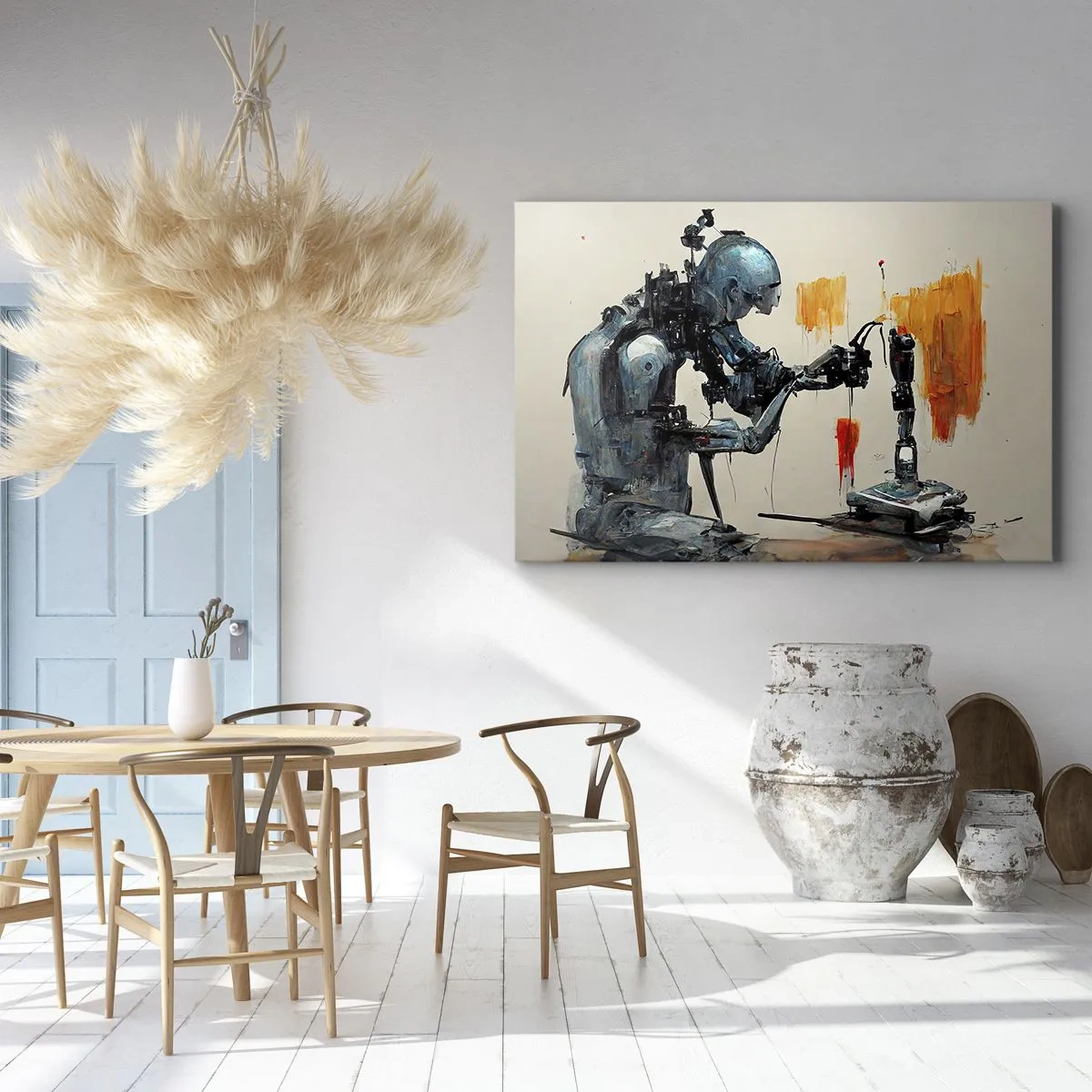 Lærredstryk - Billede på lærred - Robot på arbejde med abstrakt baggrund - 70x50cm - Kommer i morgen... - Moderne vægdekoration til stue og soveværelse ARTTOR