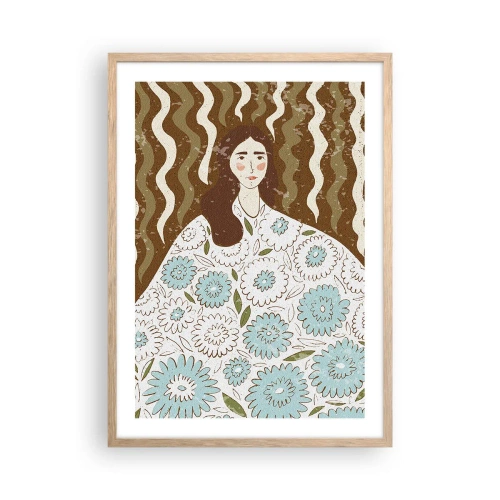 Plakat i ramme af lyst egetræ - Portræt i en blomstret kappe - 50x70 cm